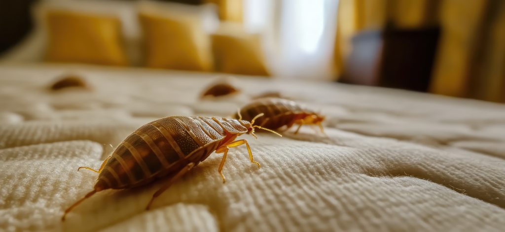 Widespread bed bug infestation in a hotel room. AI generated illustration.