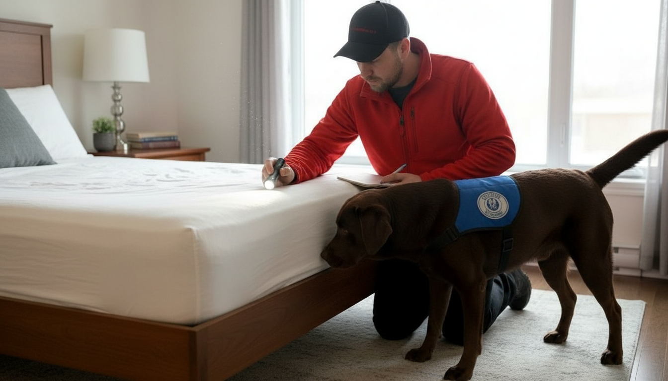 Chien renifleur et technicien — détection canine punaises de lit en Loire-Atlantique