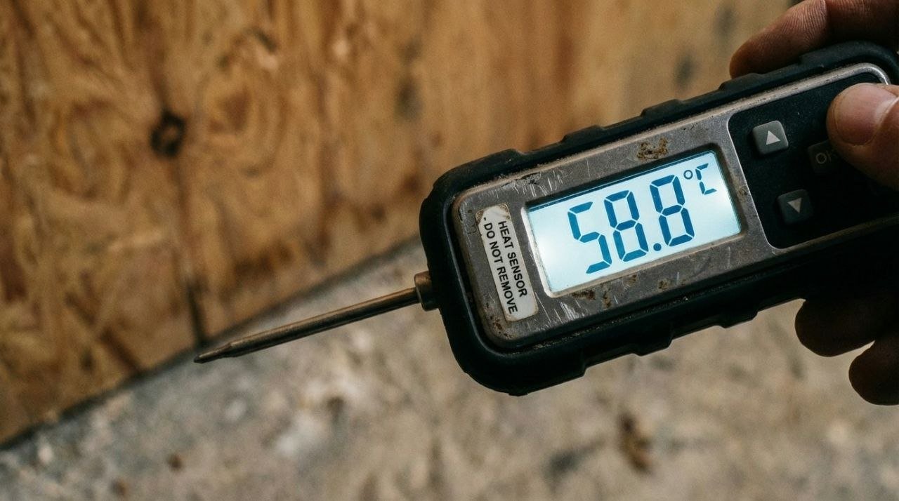 Thermomètre affichant 58,8°C pendant une intervention thermique punaises de lit preuve de la température létale maintenue