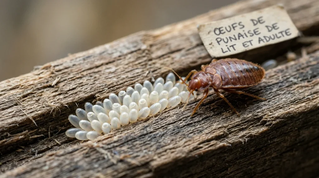 Œufs de punaise de lit en grappe sur une latte de bois, vus en gros plan