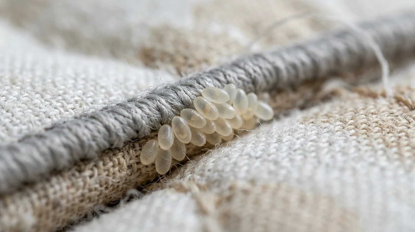 Gros plan macro sur des œufs de punaise de lit collés à une couture de matelas