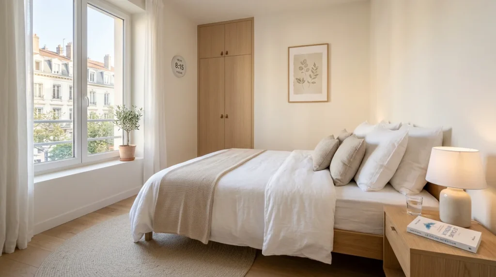 Chambre à coucher propre et lumineuse protégée des punaises de lit