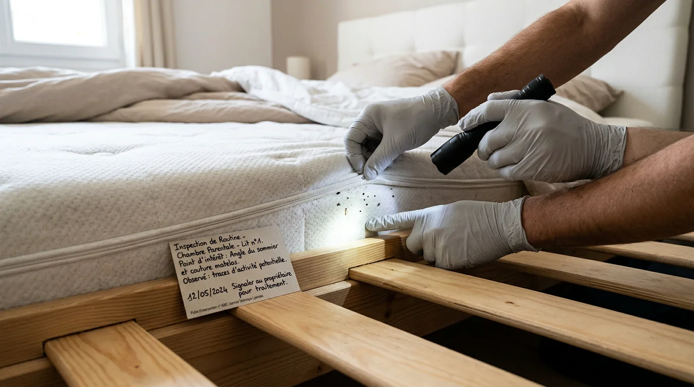 Inspection des coutures d'un matelas à la recherche de punaises de lit