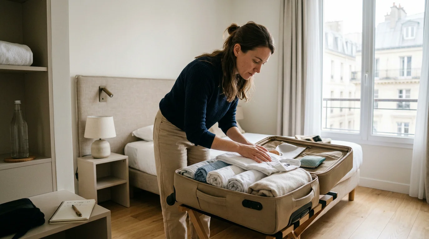 Voyageur inspectant sa valise pour prévenir les punaises de lit