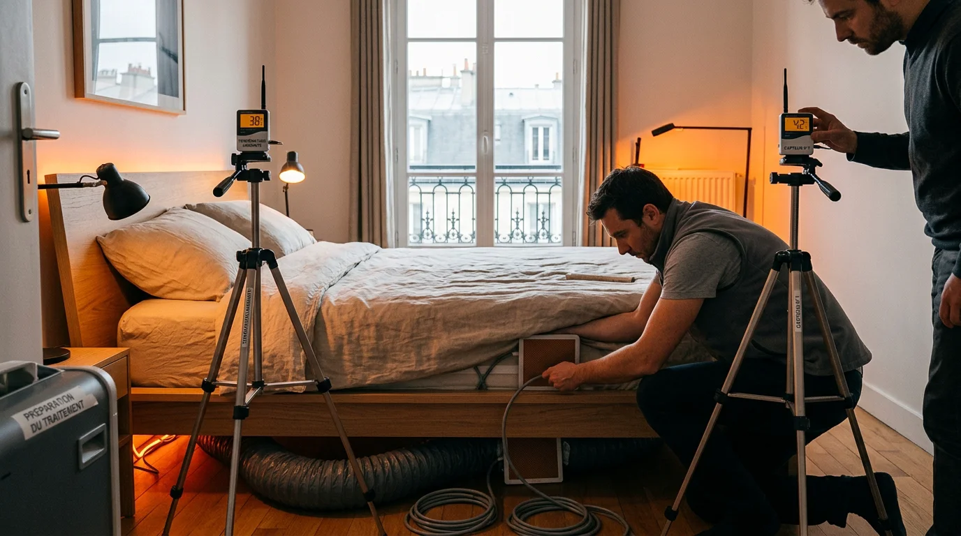 Chambre préparée pour un traitement thermique contre les punaises de lit