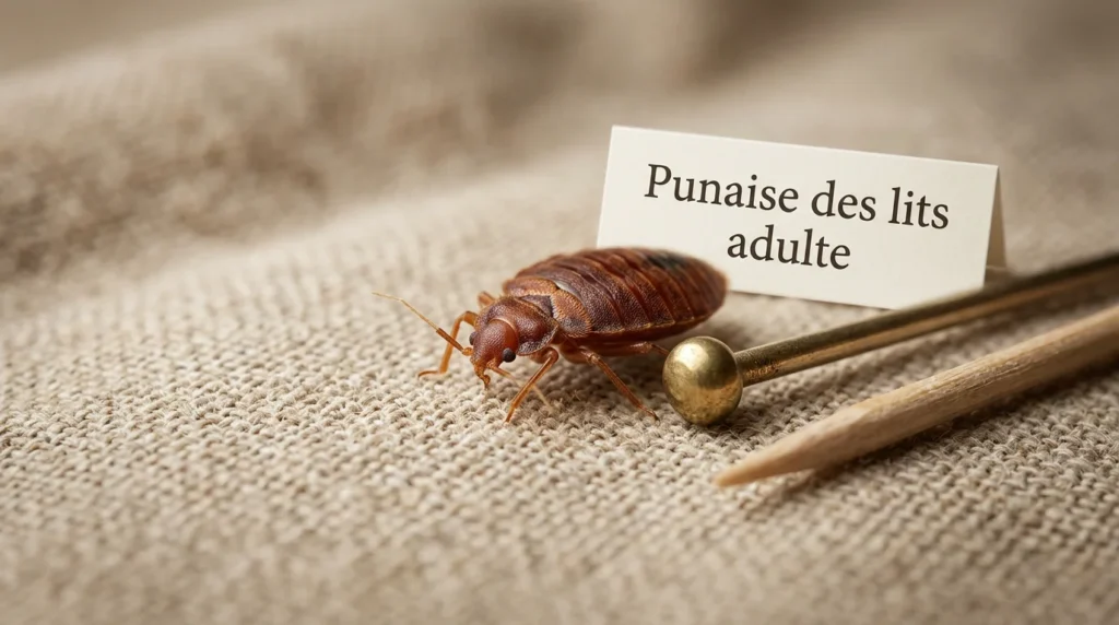 Gros plan macro d'une punaise de lit adulte de couleur brun rougeâtre