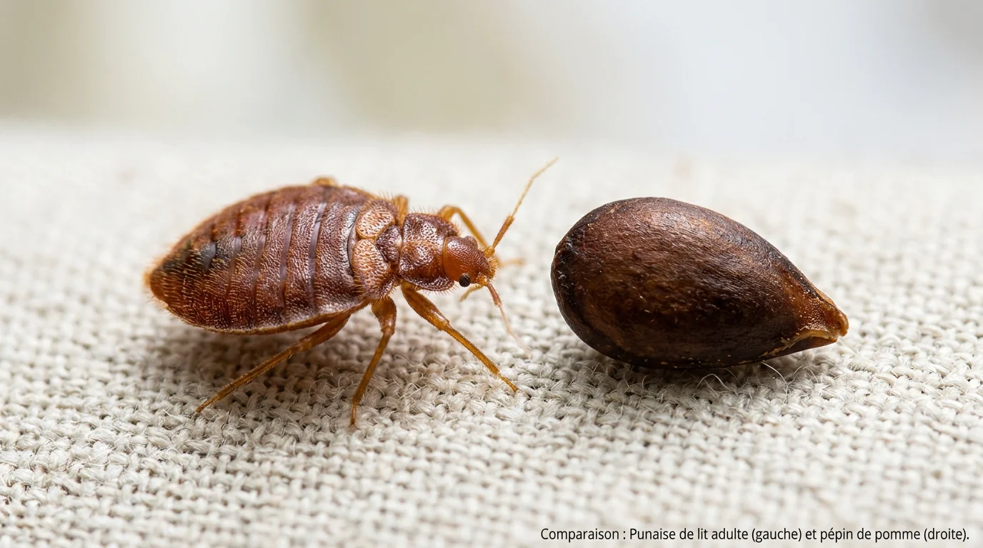 Punaise de lit adulte comparée à un pépin de pomme sur un tissu clair