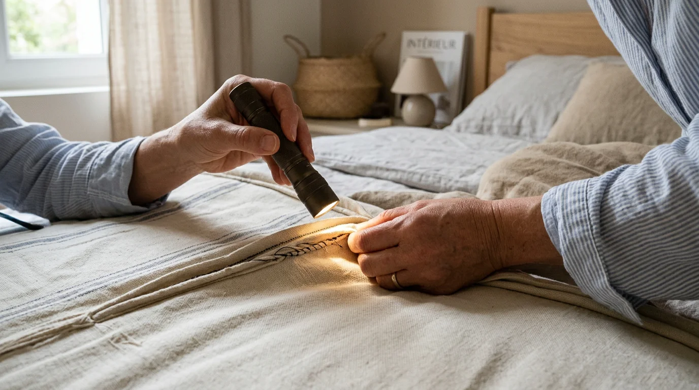 Inspection des coutures d'un matelas à la lampe torche pour détecter des punaises de lit