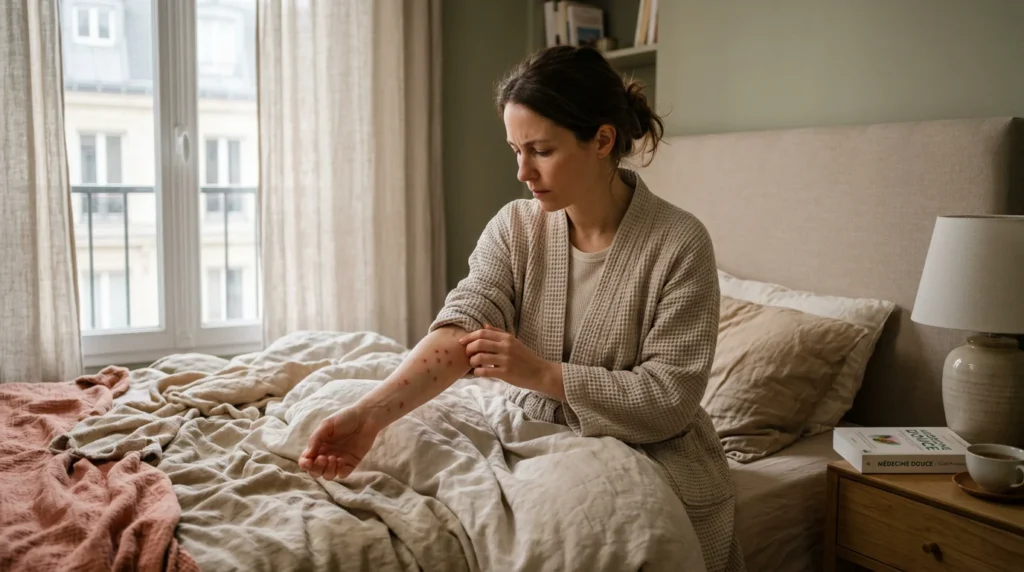 Personne examinant des piqûres de punaises de lit sur son avant-bras au réveil