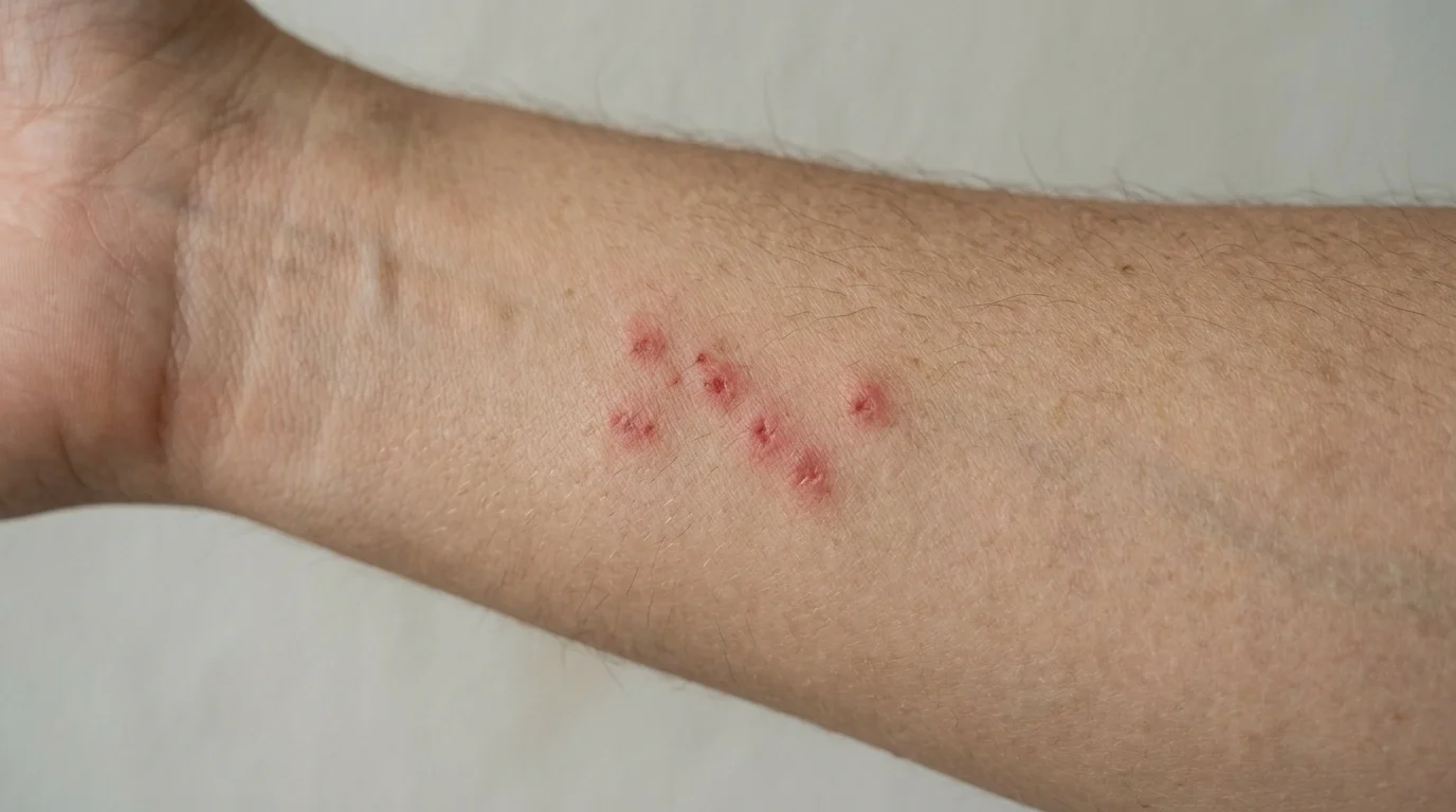 Boutons rouges alignés d'une piqûre de punaise de lit sur un avant-bras
