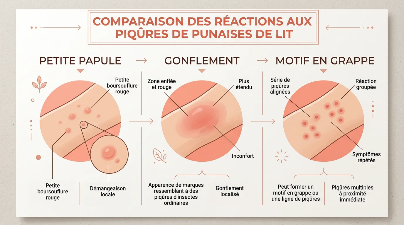 Illustration comparant plusieurs réactions cutanées aux piqûres de punaises de lit