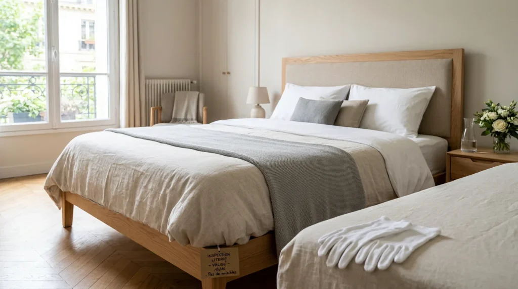 Chambre lumineuse avec un lit soigné, illustrant l'inspection contre les punaises de lit