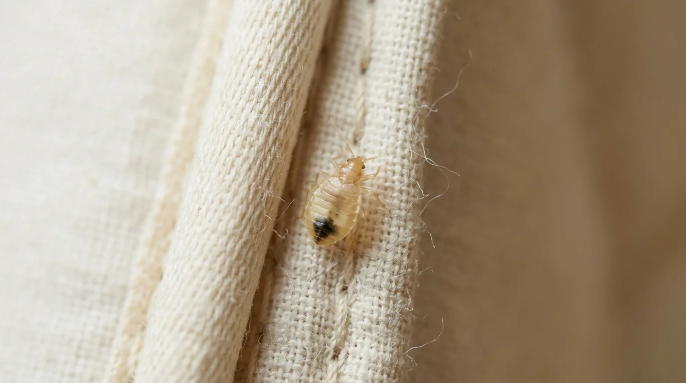 Jeune punaise de lit translucide sur la couture d'un matelas clair