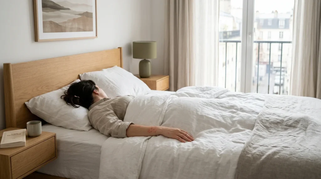 Bras posé sur des draps blancs dans une chambre lumineuse avec de légères marques de piqûres