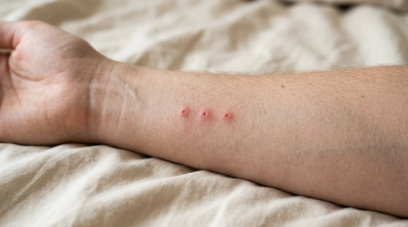 Rangée de trois boutons rouges alignés sur un avant-bras évoquant une piqûre de punaise de lit