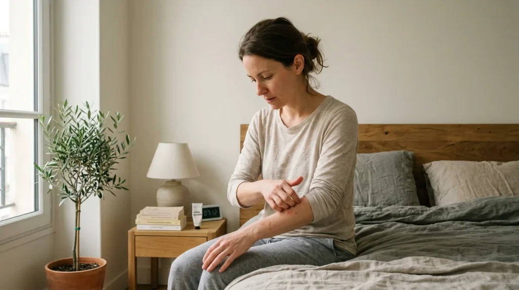 Personne examinant des boutons de piqûres de punaises de lit sur son bras au réveil