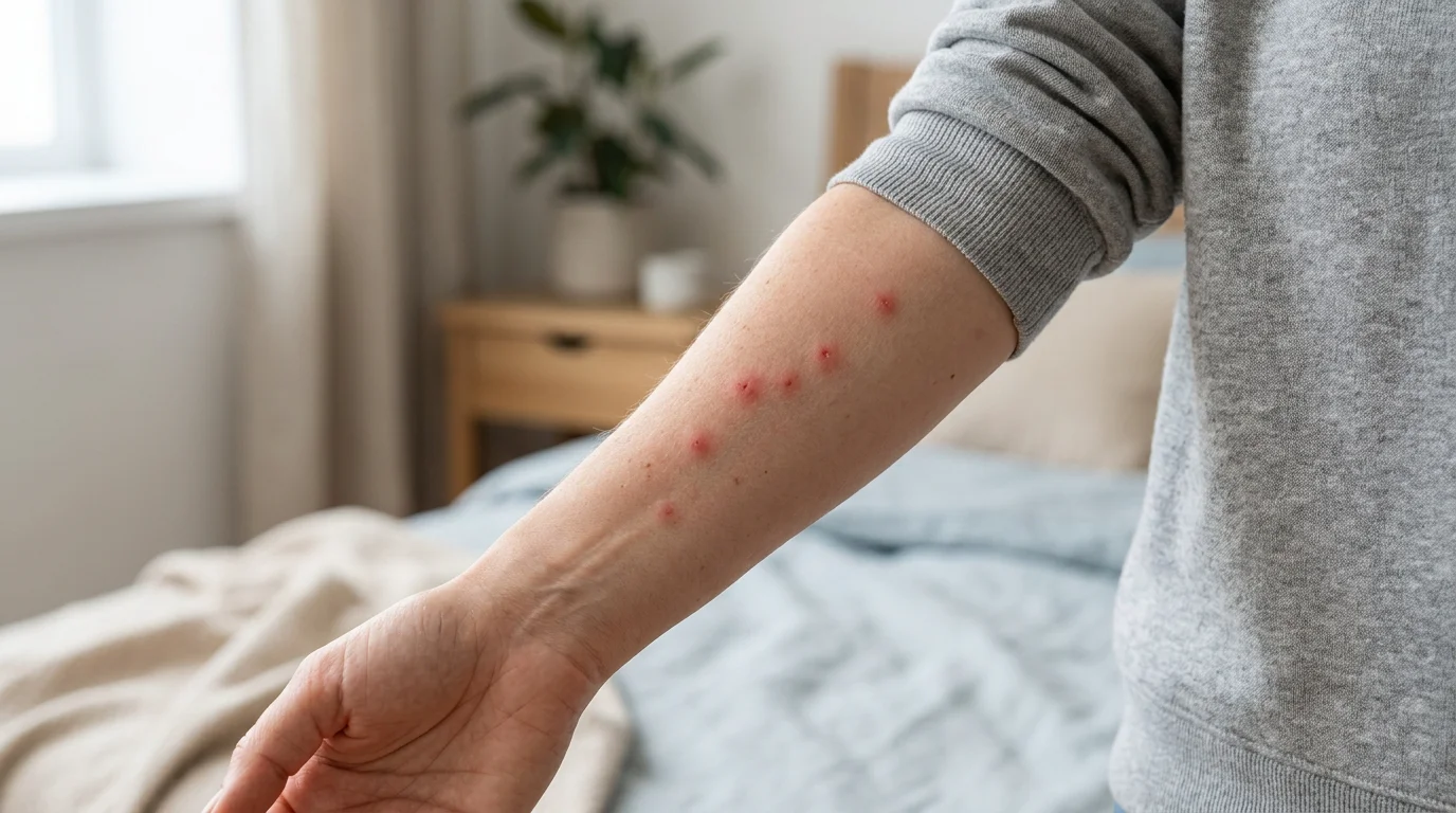 Boutons rouges alignés de piqûres de punaises de lit sur un avant-bras