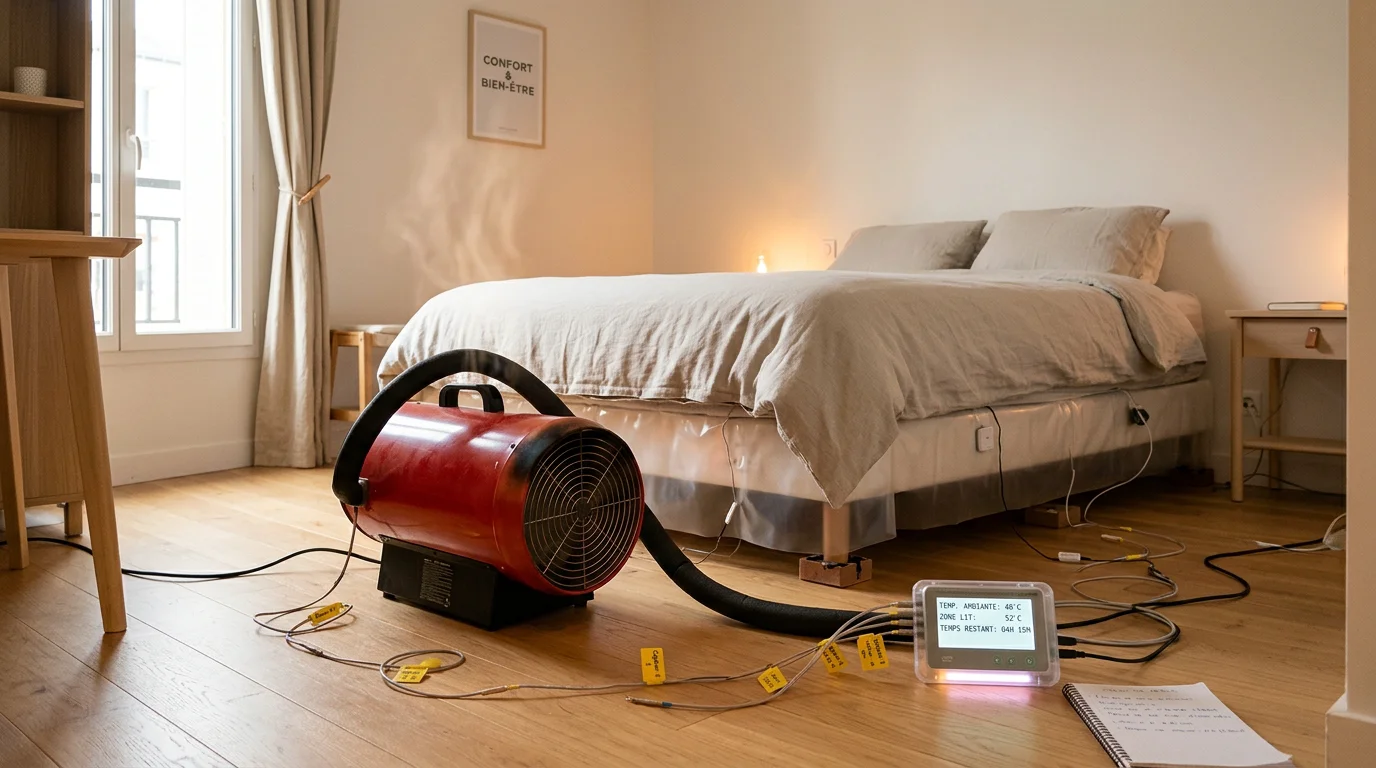 Traitement thermique par air chaud d'une chambre contre les punaises de lit