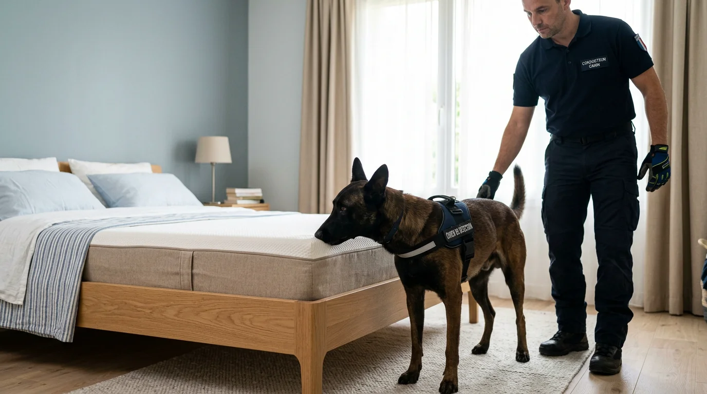 Chien renifleur inspectant un lit lors d'une détection canine de punaises de lit