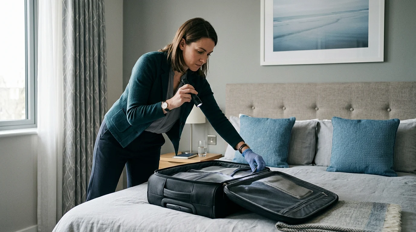 Inspection d'une valise sur un lit pour prévenir une infestation de punaises de lit