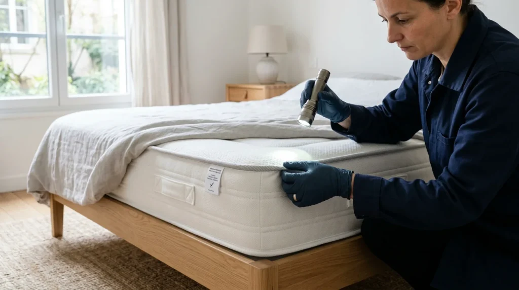 Personne inspectant une couture de matelas à la lampe torche pour détecter des punaises de lit