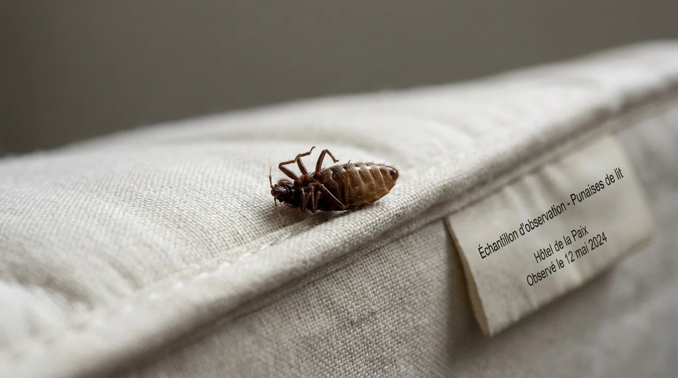 Gros plan sur une punaise de lit morte sur le dos, pattes repliées, sur une couture de matelas