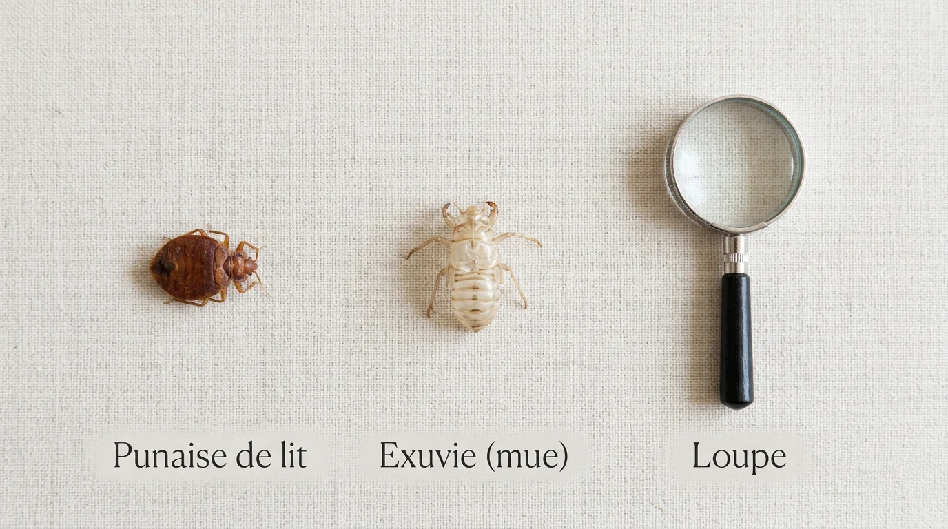 Comparaison entre une punaise de lit morte, une mue translucide et une loupe posées sur une surface claire