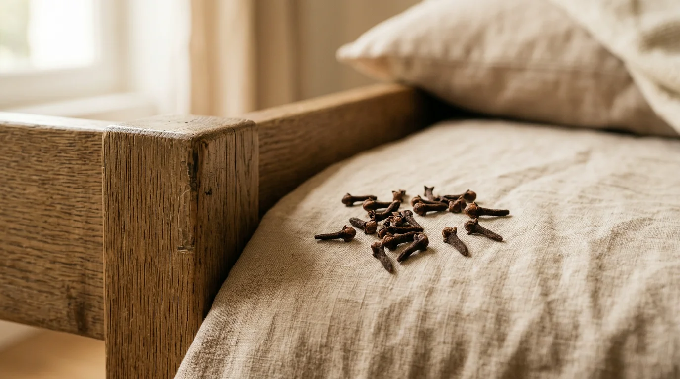 Clous de girofle disposés près du coin d'un sommier en bois