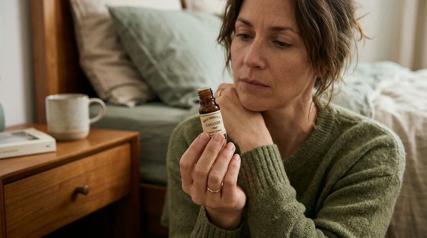 Personne manipulant un flacon d'huile essentielle près d'une table de chevet