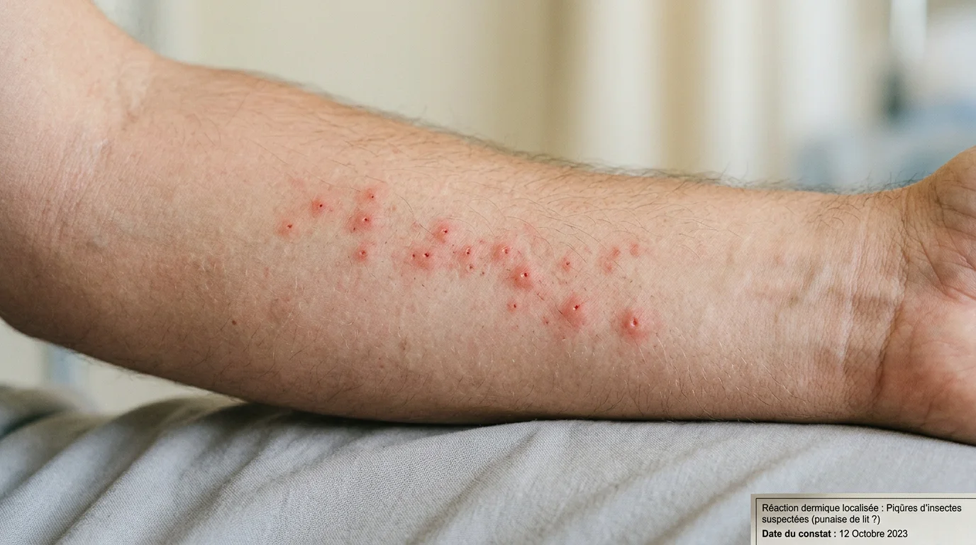 Boutons rouges alignés de piqûres de punaises de lit sur un avant-bras
