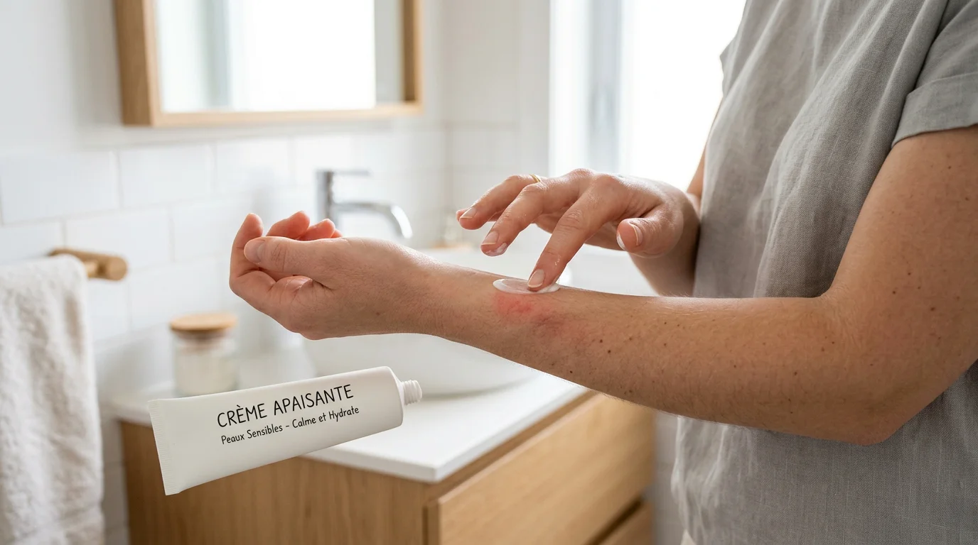 Application d'une crème apaisante sur un bouton de punaise de lit