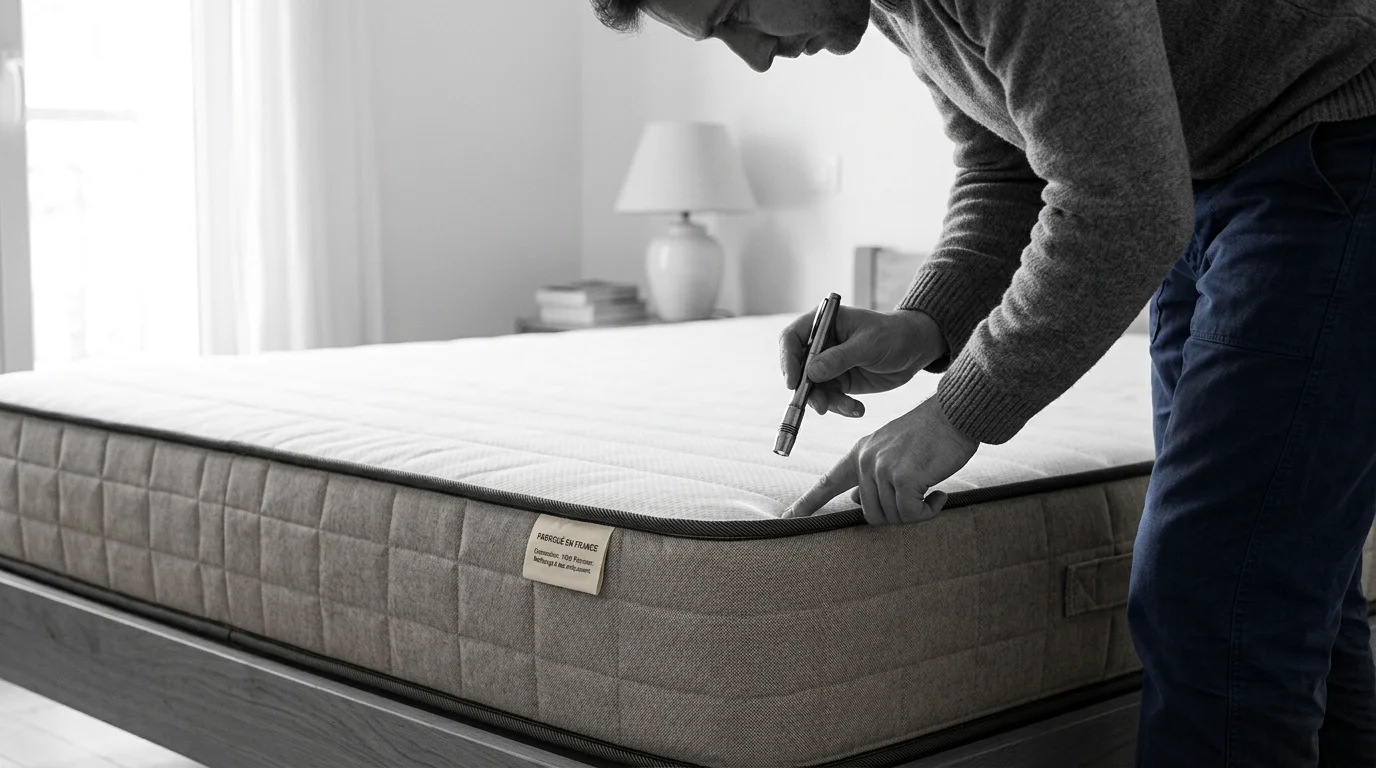 Inspection des coutures d'un matelas à la lampe pour repérer des traces de punaises de lit