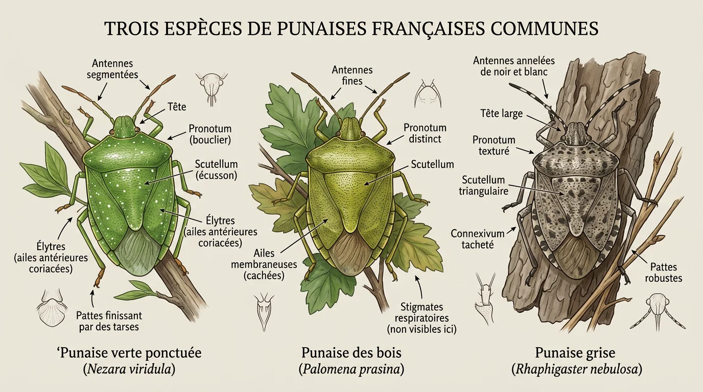 Planche comparative de trois espèces de punaises présentes en France