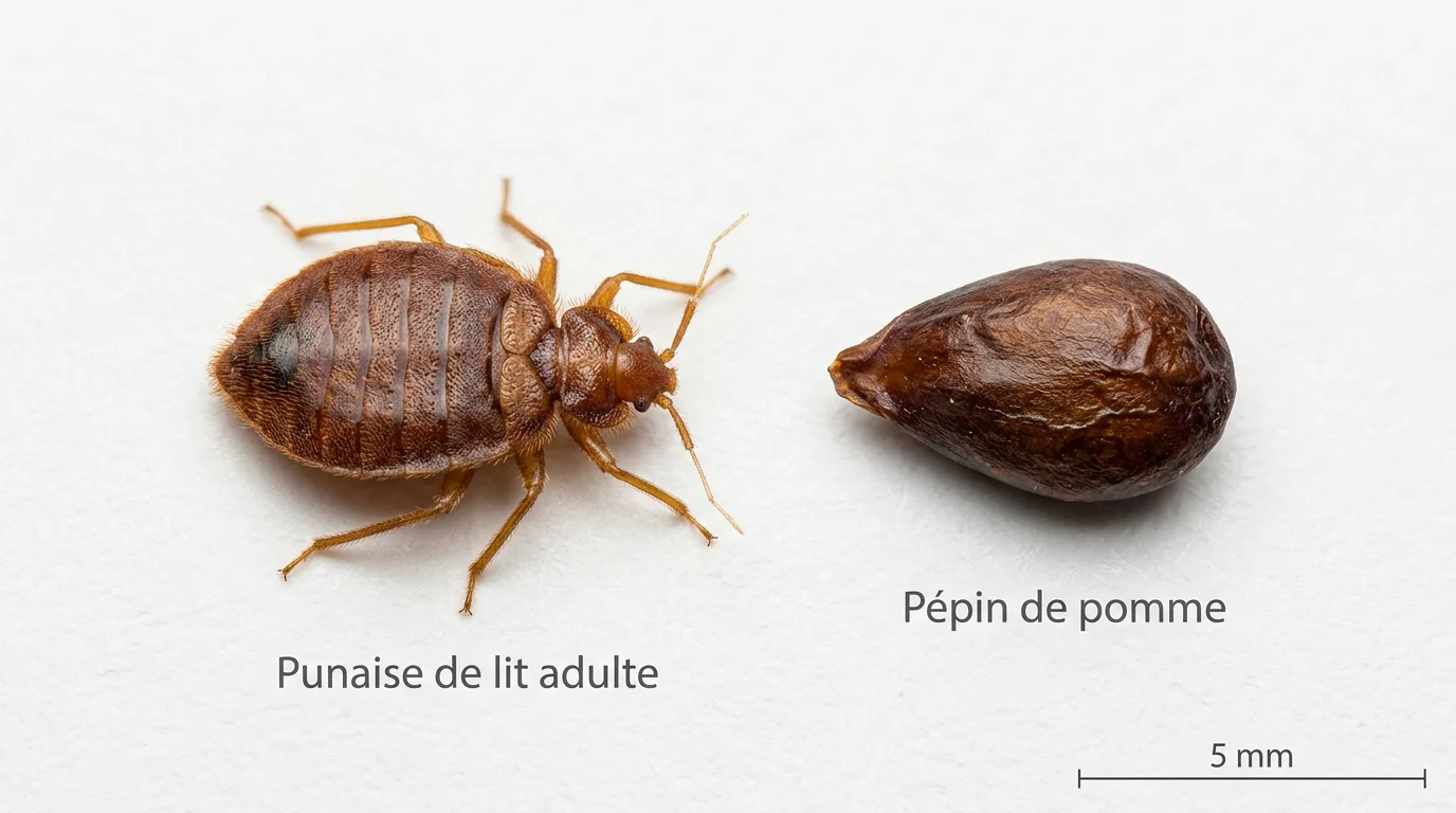 Punaise de lit adulte en taille réelle comparée à un pépin de pomme