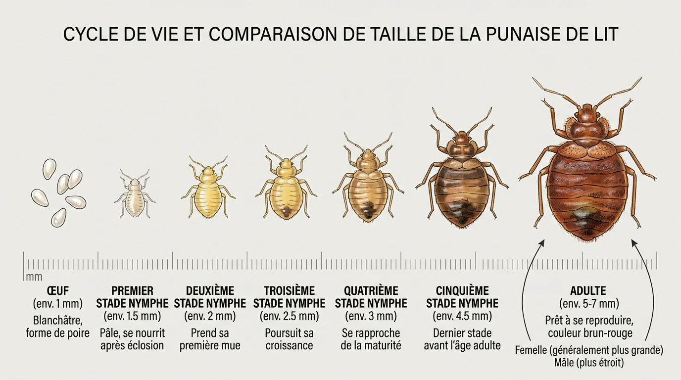 Cycle de vie et tailles comparées de la punaise de lit du stade œuf à adulte