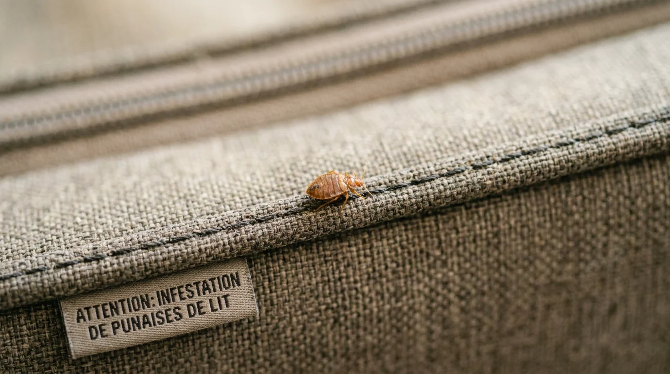 Punaise de lit rampant sur la couture d'une valise en tissu