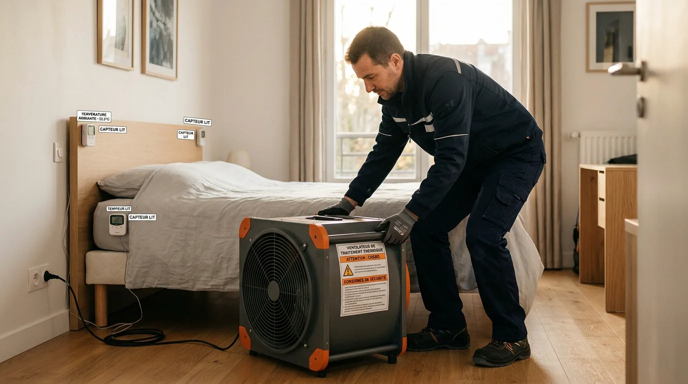 Technicien installant un équipement de traitement thermique dans une chambre